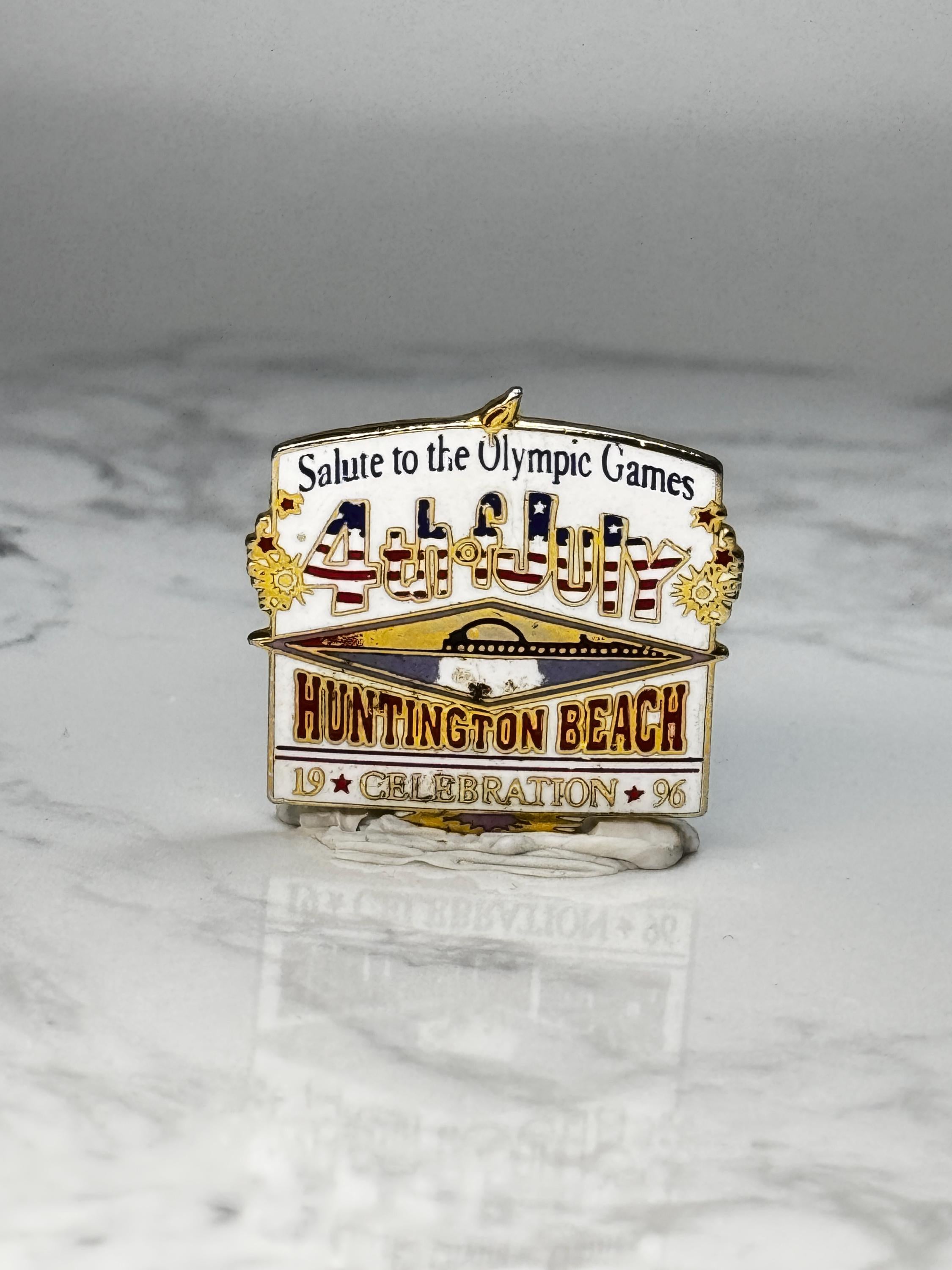 Vintage Huntington Beach 4th of July Olympic Pin: Gold Enamel - 1996 Celebration Accessory