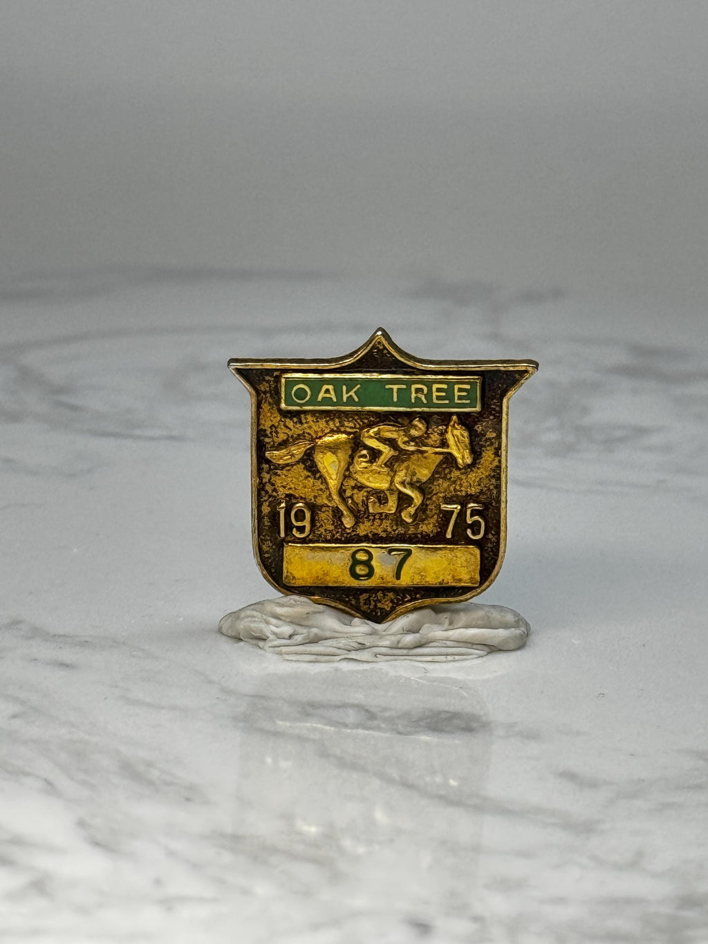 Vintage Oak Tree Horse Racing Pin: Gold Tone Enamel - 1975 Sport