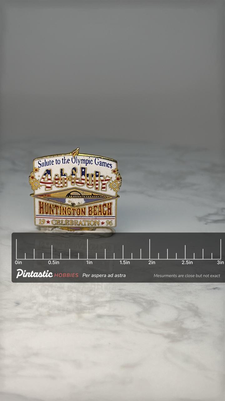 Vintage Huntington Beach 4th of July Olympic Pin: Gold Enamel - 1996 Celebration Accessory with ruler overlay for size refere