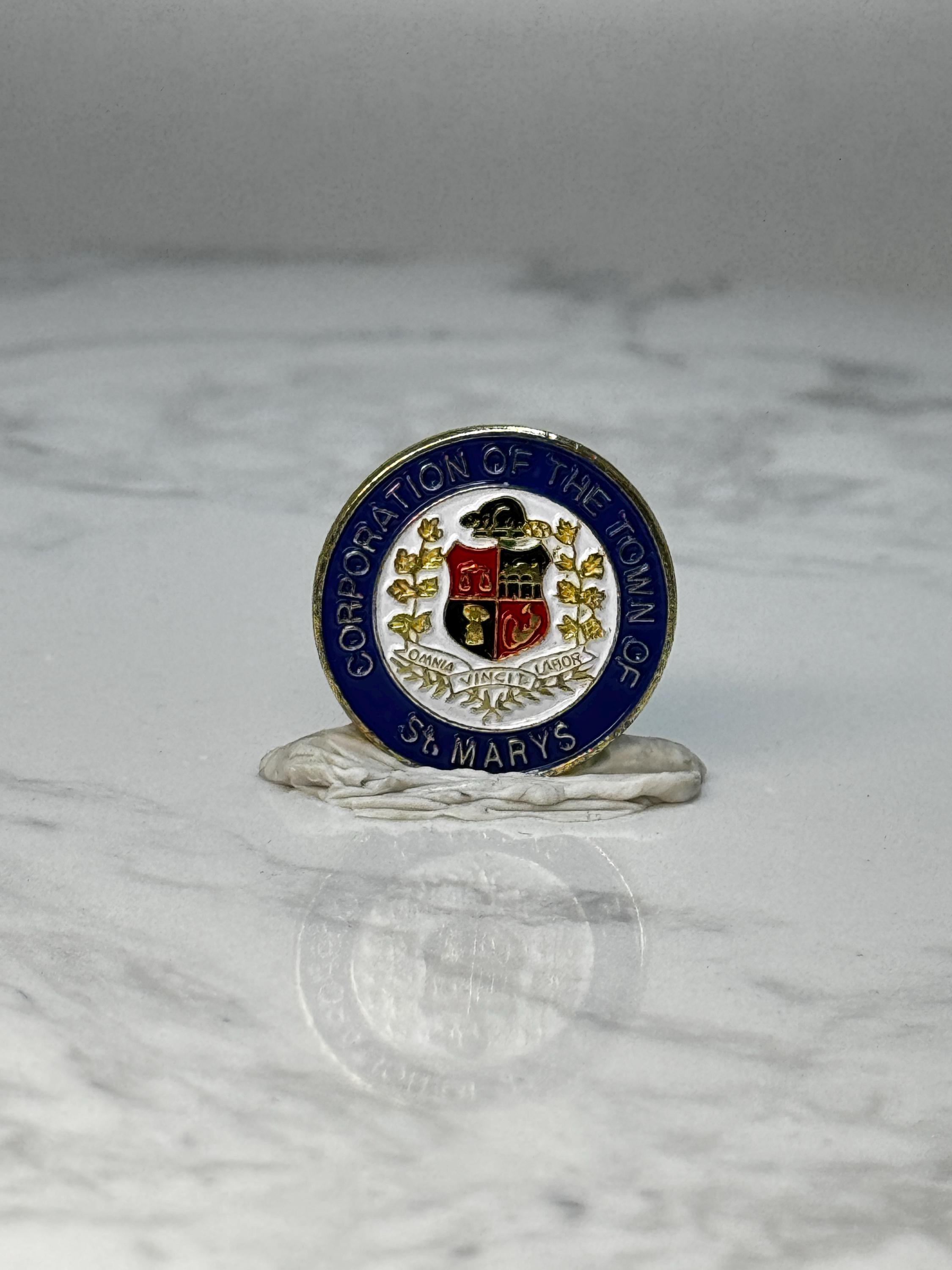 Vintage St Marys Ontario Crest Lapel Pin: Blue Gold Enamel - Civic Souvenir