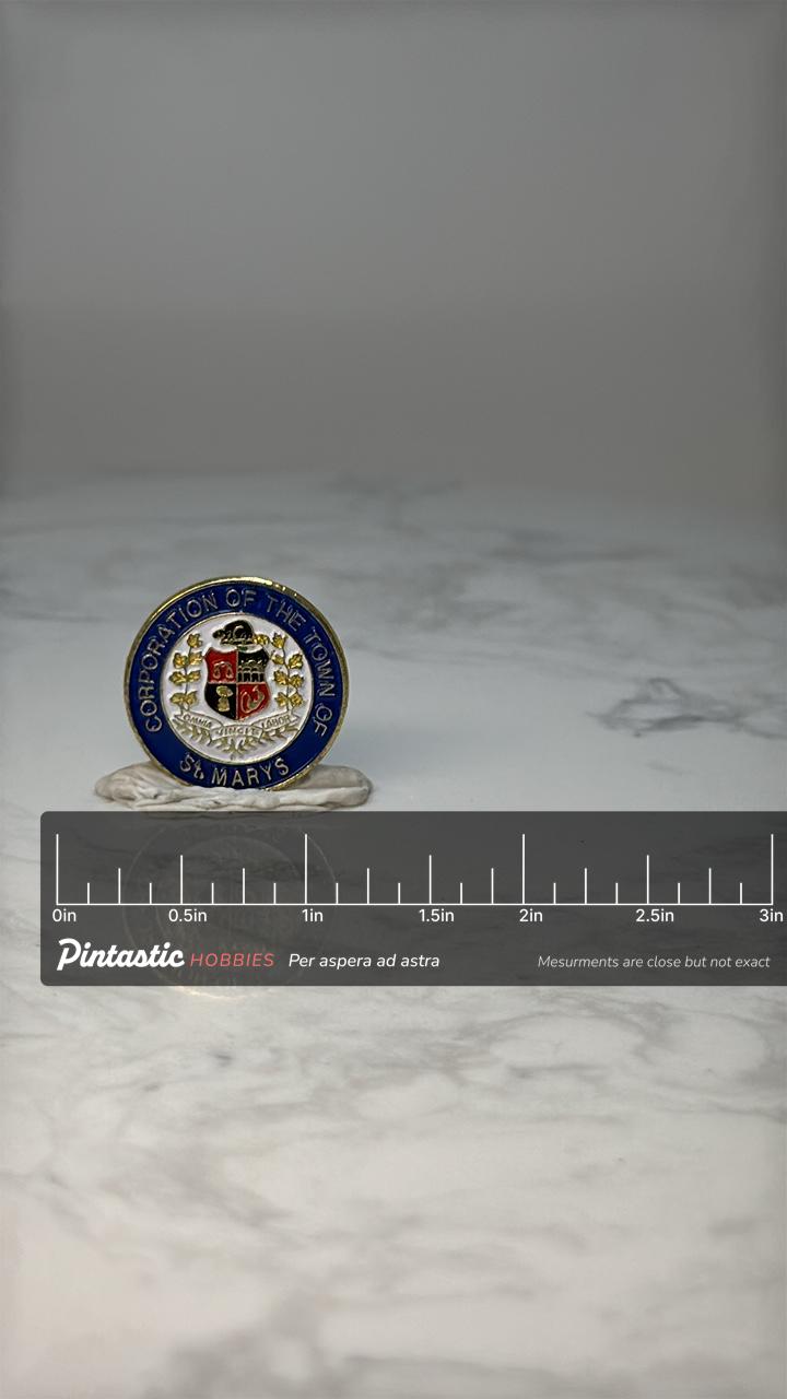 Vintage St Marys Ontario Crest Lapel Pin: Blue Gold Enamel - Civic Souvenir with ruler overlay for size reference