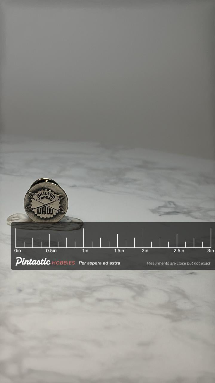 Vintage Skilled Trades UAW Lapel Pin: Silver Tone - Union Accessory with ruler overlay for size reference