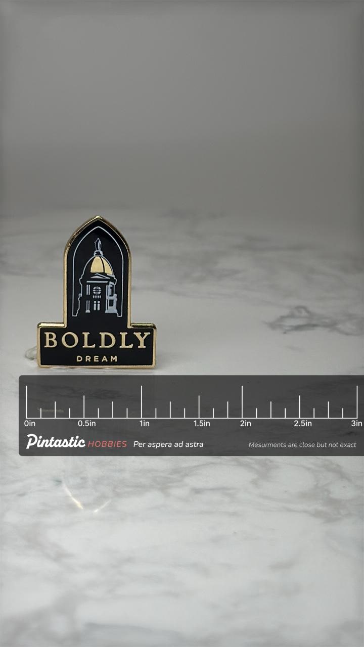 University of Notre Dame Boldly Dream Lapel Pin: Gold Dome ND Alumni Gift with ruler overlay for size reference
