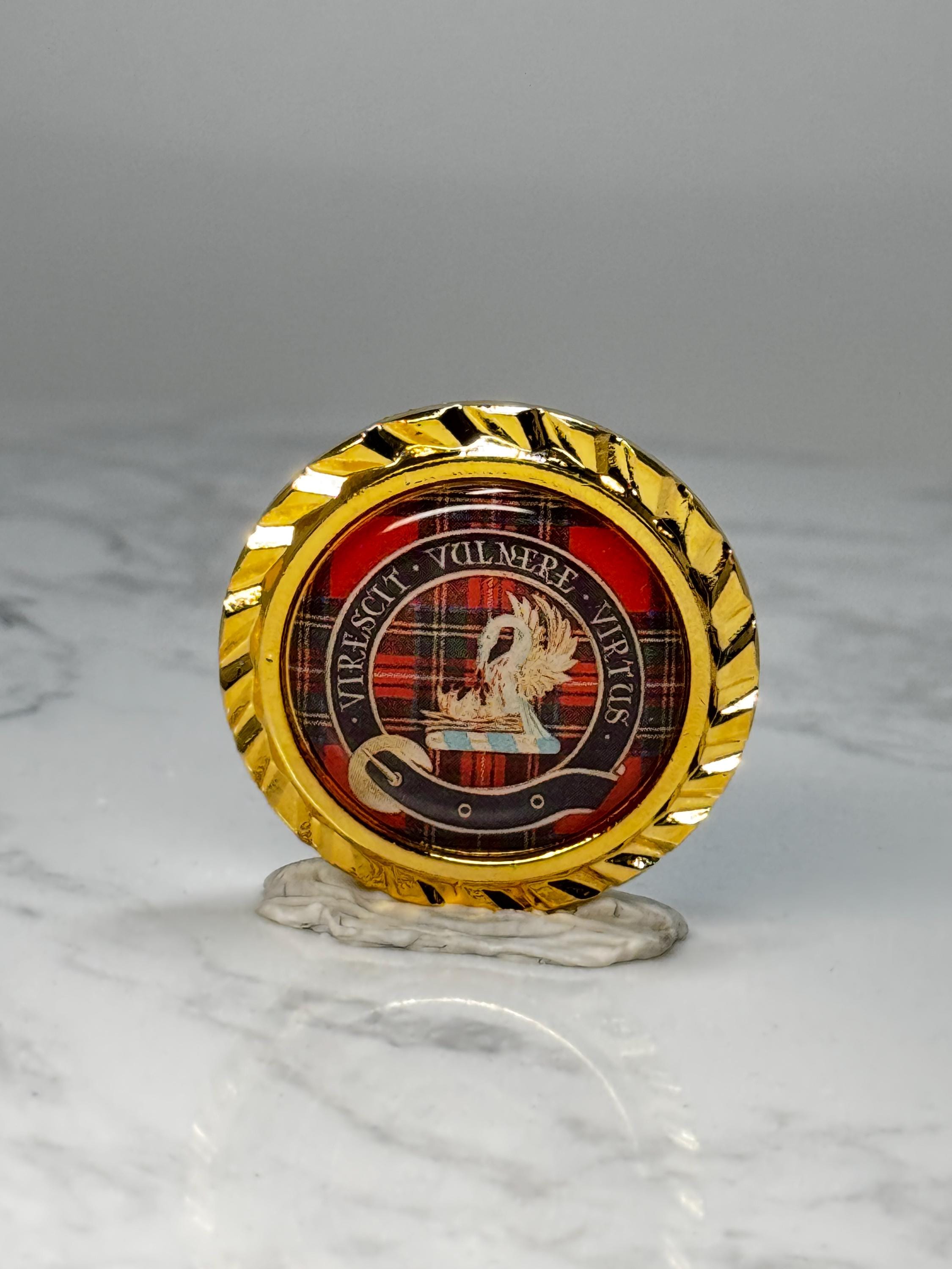 Scottish Clan Stewart Crest Lapel Pin: Gold Tone Tartan Virescit Vulnere Virtus