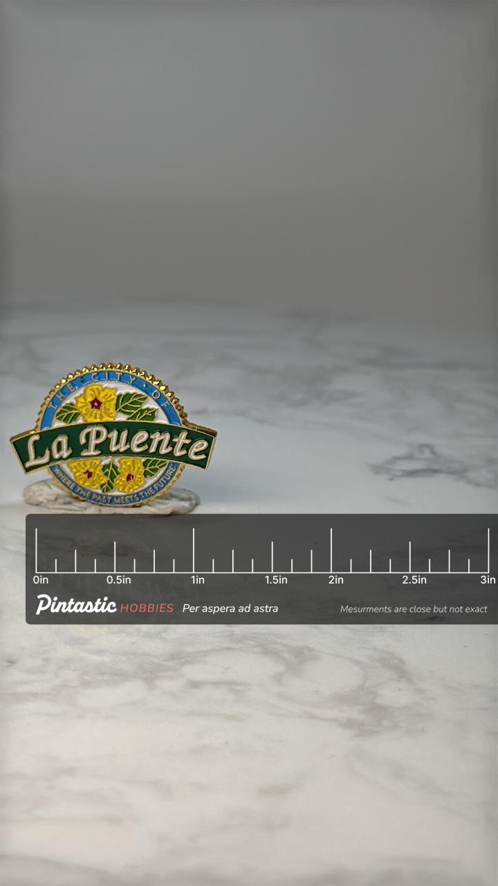 La Puente City Pin: Gold Tone Enamel - California Accessory with ruler overlay for size reference