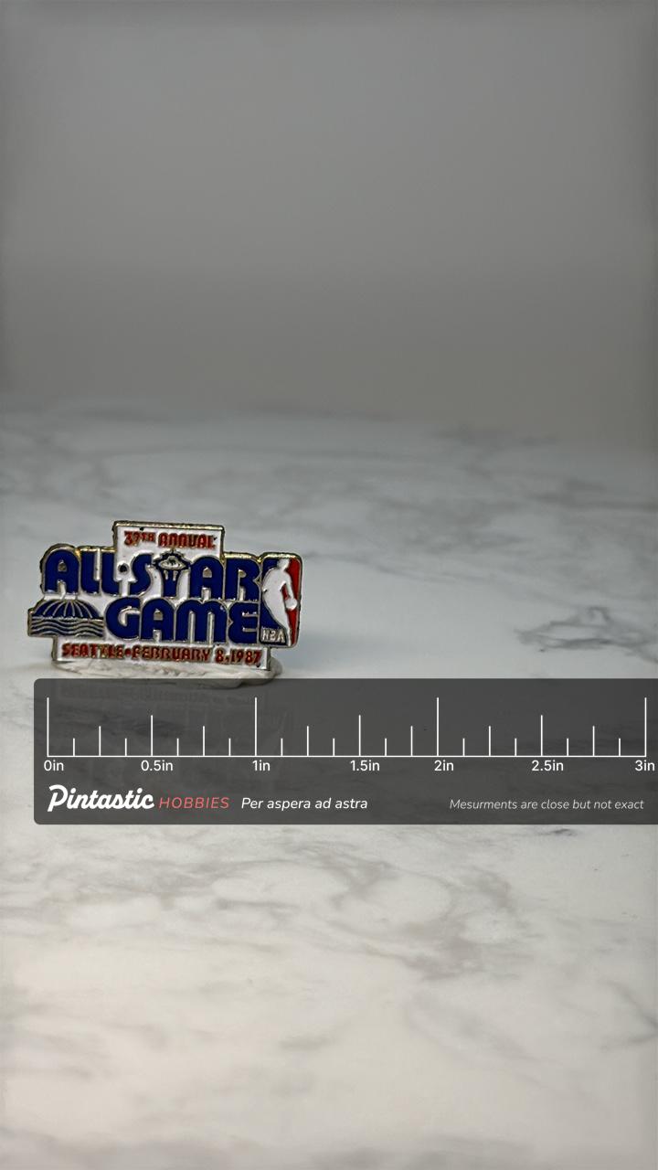 Vintage NBA All Star Game Pin: Enamel Red Blue - 1987 Seattle Accessory with ruler overlay for size reference
