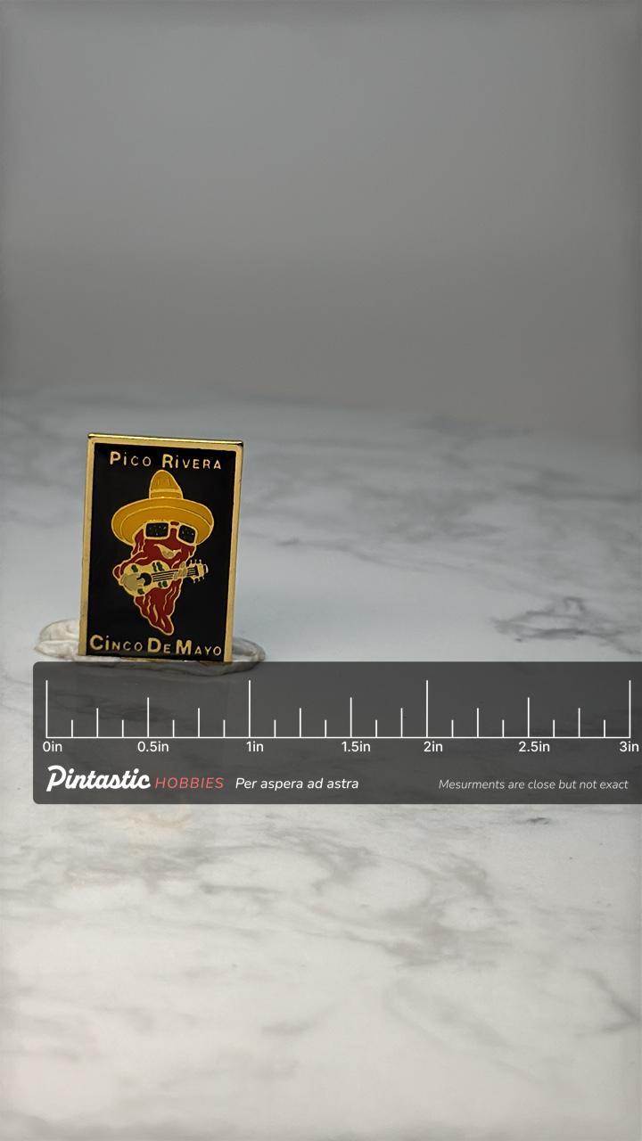 Vintage Pico Rivera Cinco De Mayo Enamel Pin: Gold Tone - Fiesta Souvenir with ruler overlay for size reference