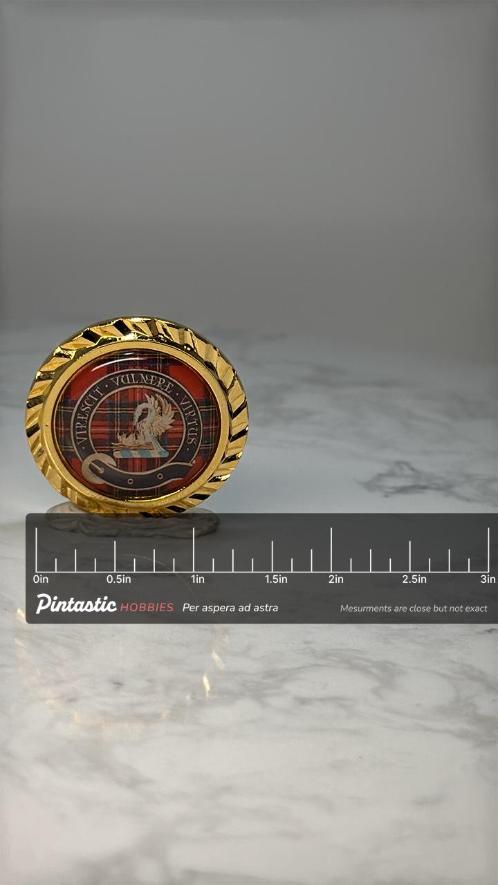 Scottish Clan Stewart Crest Lapel Pin: Gold Tone Tartan Virescit Vulnere Virtus with ruler overlay for size reference