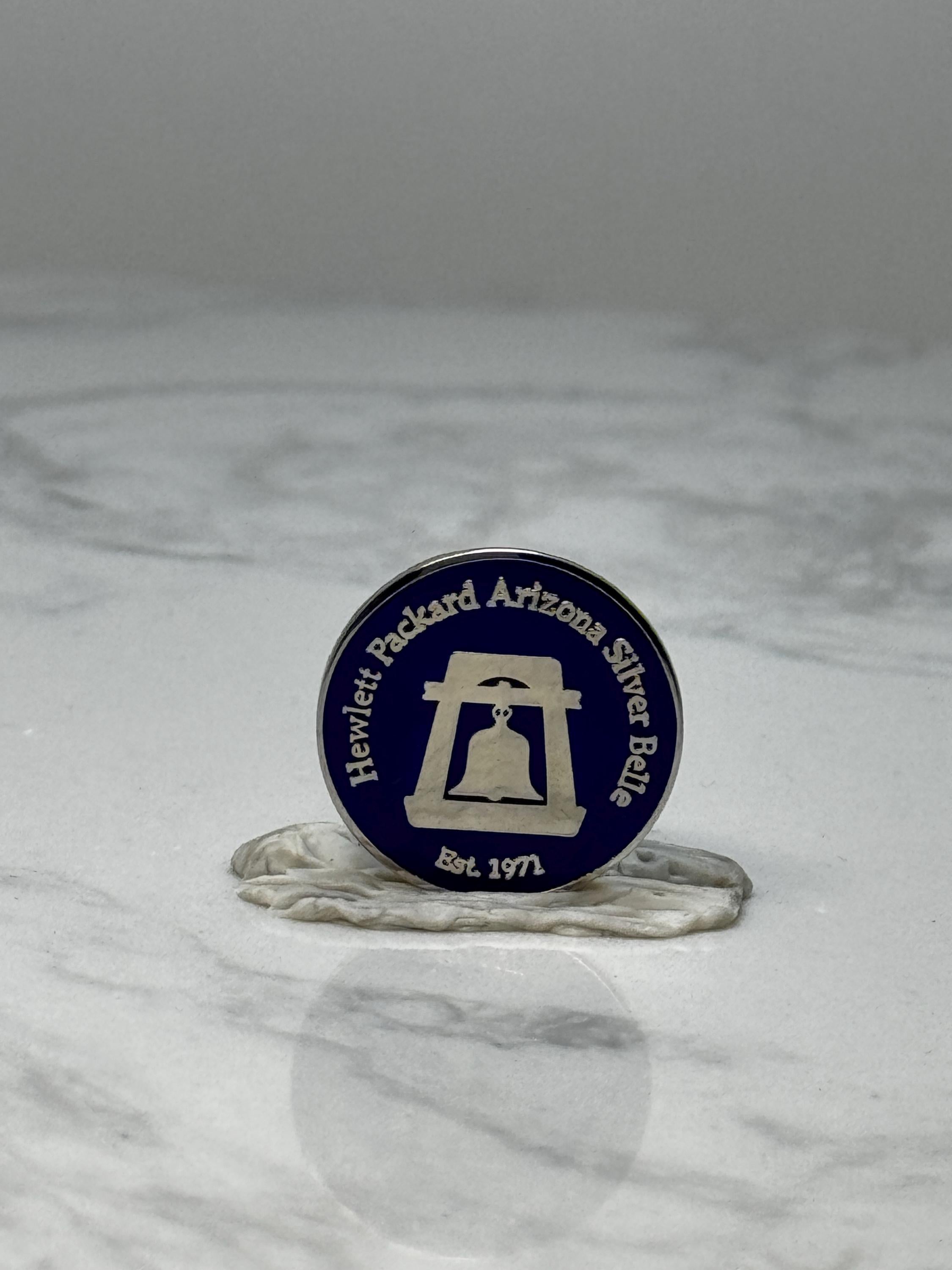 Vintage Hewlett Packard Arizona Silver Bell Lapel Pin: Blue Enamel - 1970s Tech Accessory