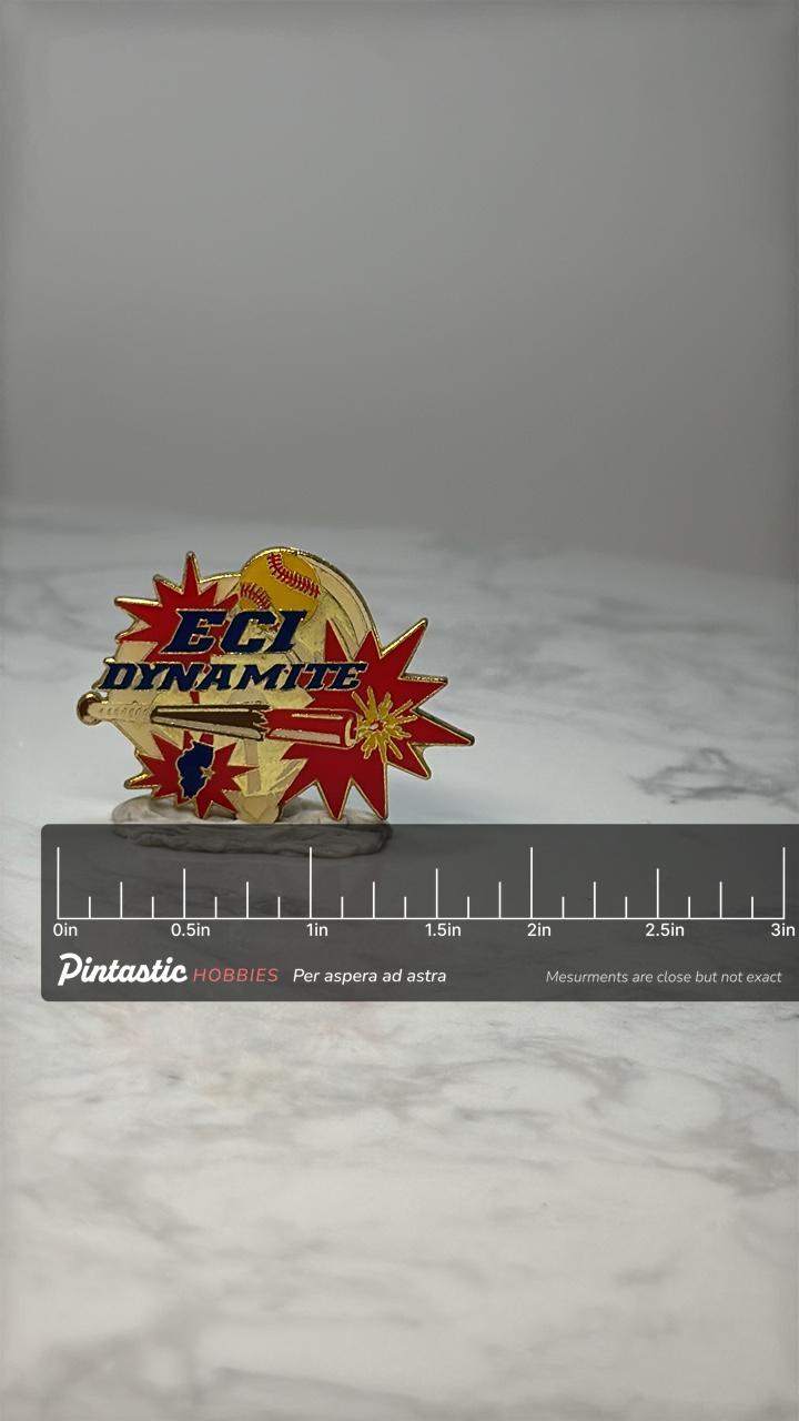 Vintage ECI Dynamite Baseball Lapel Pin: Gold Enamel - 1990s Sports Accessory with ruler overlay for size reference