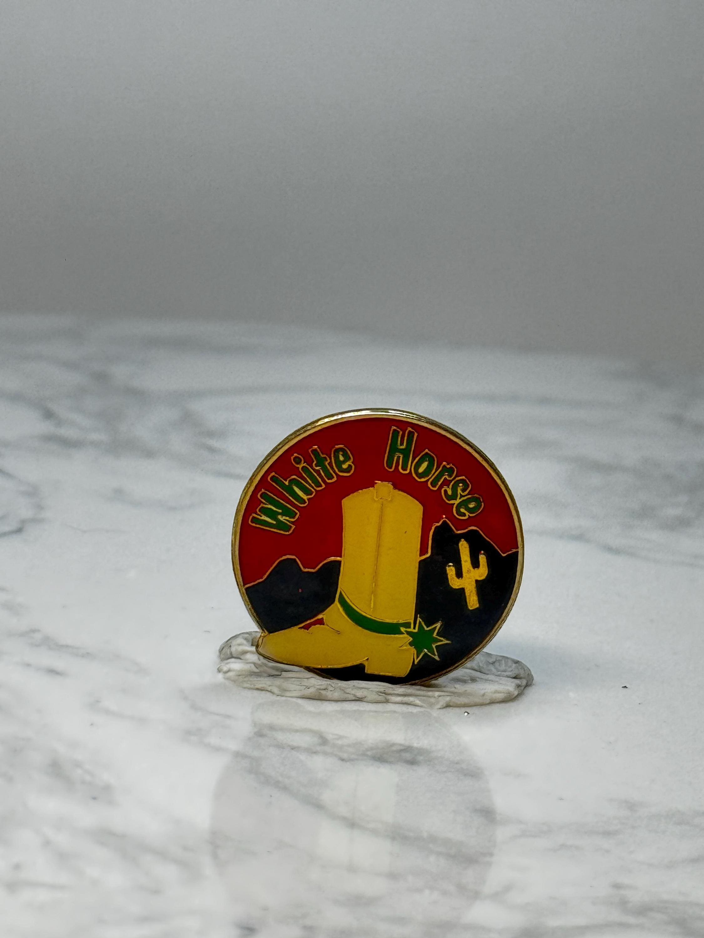 Vintage White Horse Enamel Lapel Pin: Red Western Desert - Barware Accessory