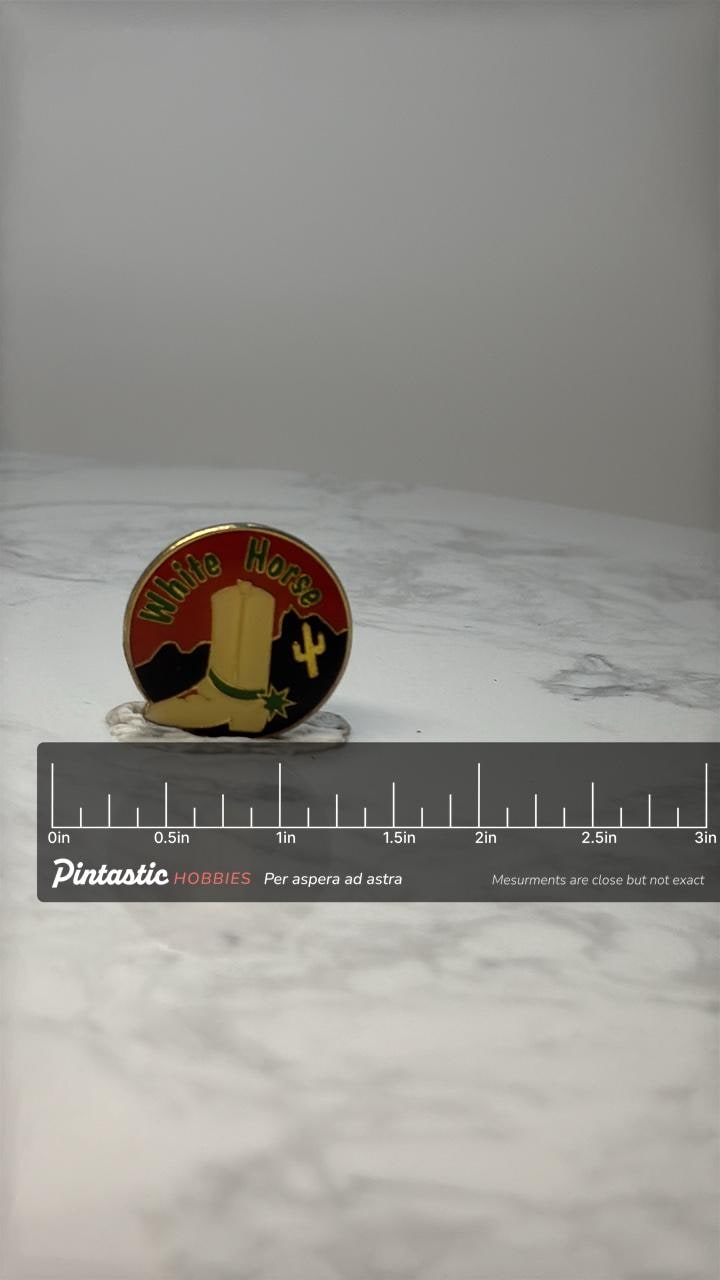 Vintage White Horse Enamel Lapel Pin: Red Western Desert - Barware Accessory with ruler overlay for size reference