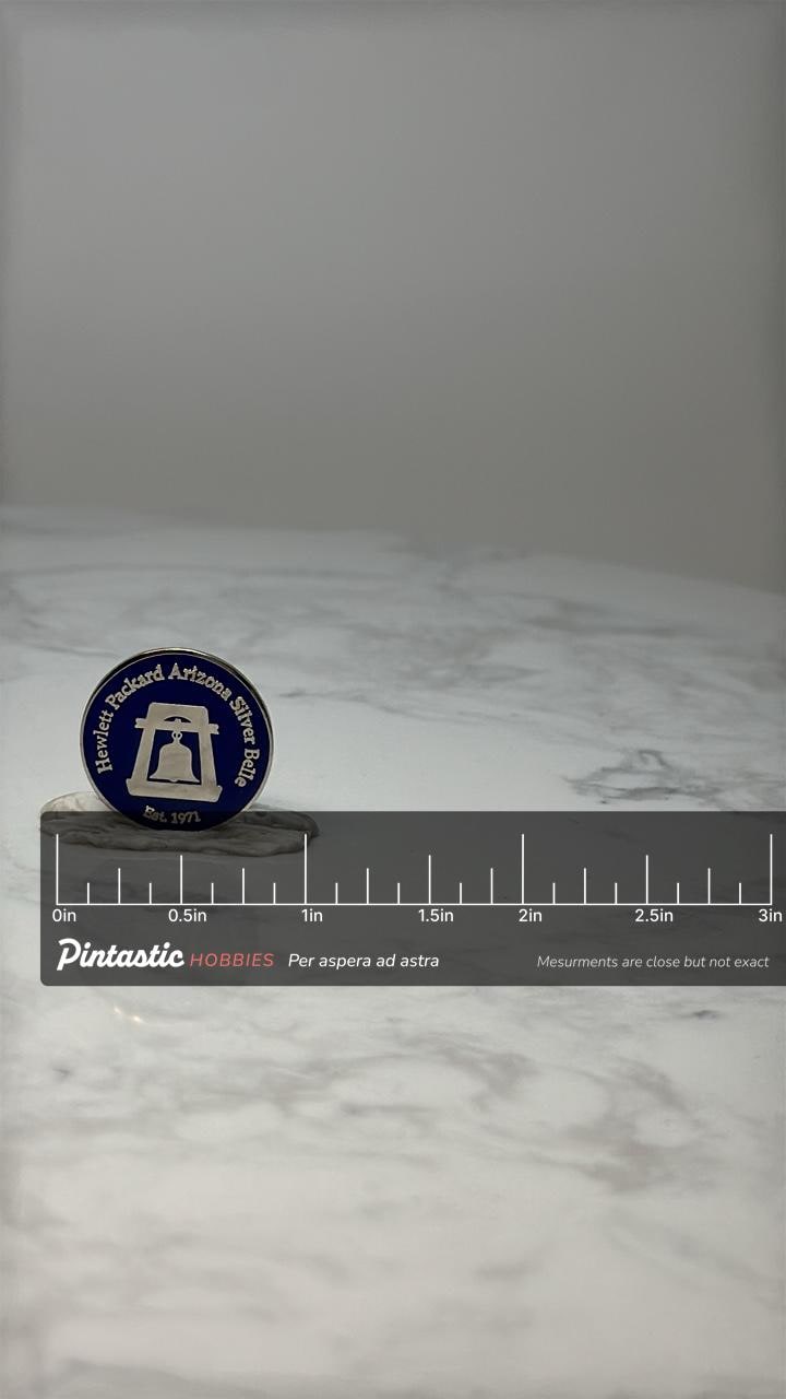 Vintage Hewlett Packard Arizona Silver Bell Lapel Pin: Blue Enamel - 1970s Tech Accessory with ruler overlay for size referen