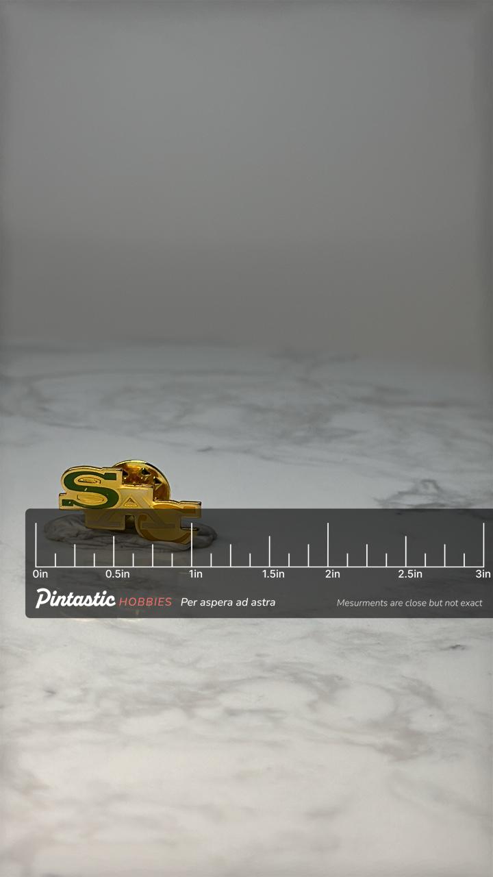 Southern Athletic Conference SAC Logo Lapel Pin: College Sports Vintage Gold Green with ruler overlay for size reference