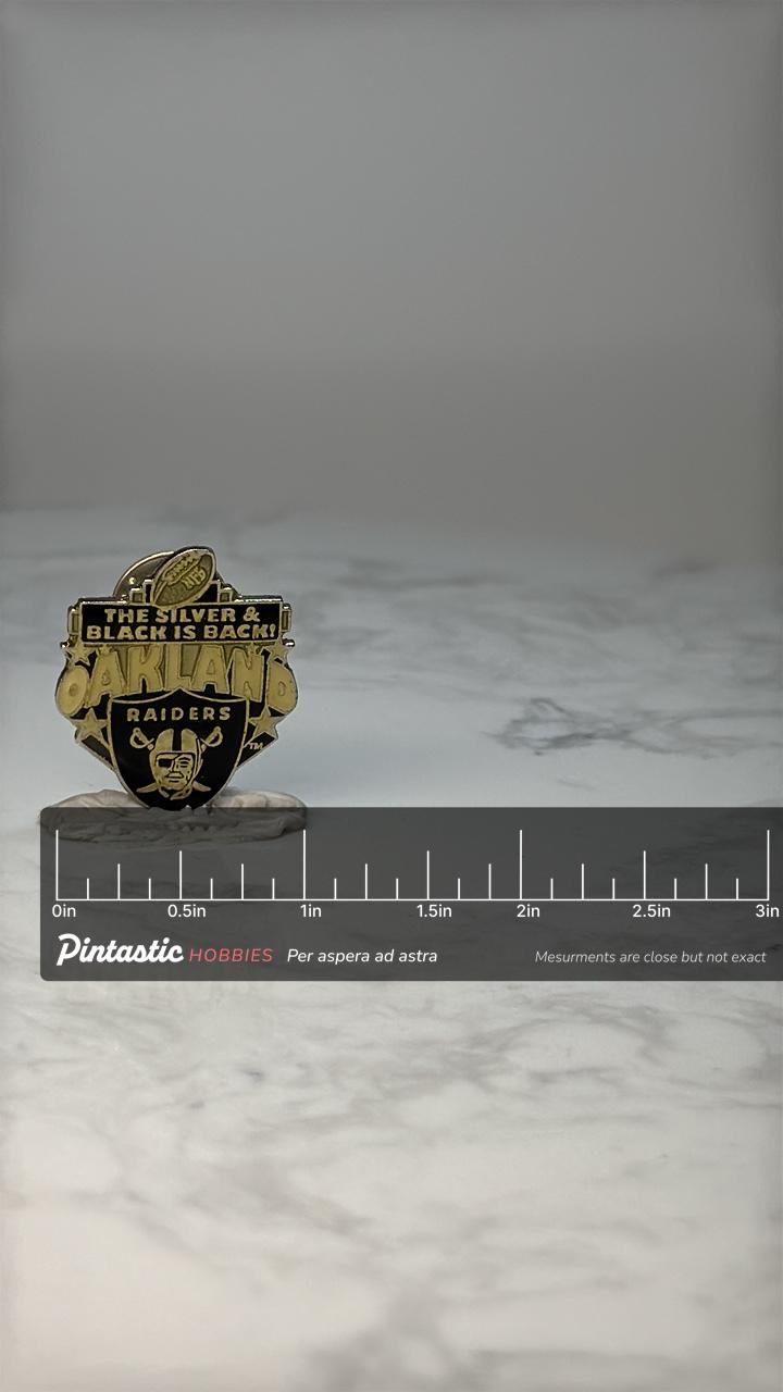 Vintage Oakland Raiders NFL Pin: Black & Gold Enamel - 1990s Football Accessory with ruler overlay for size reference