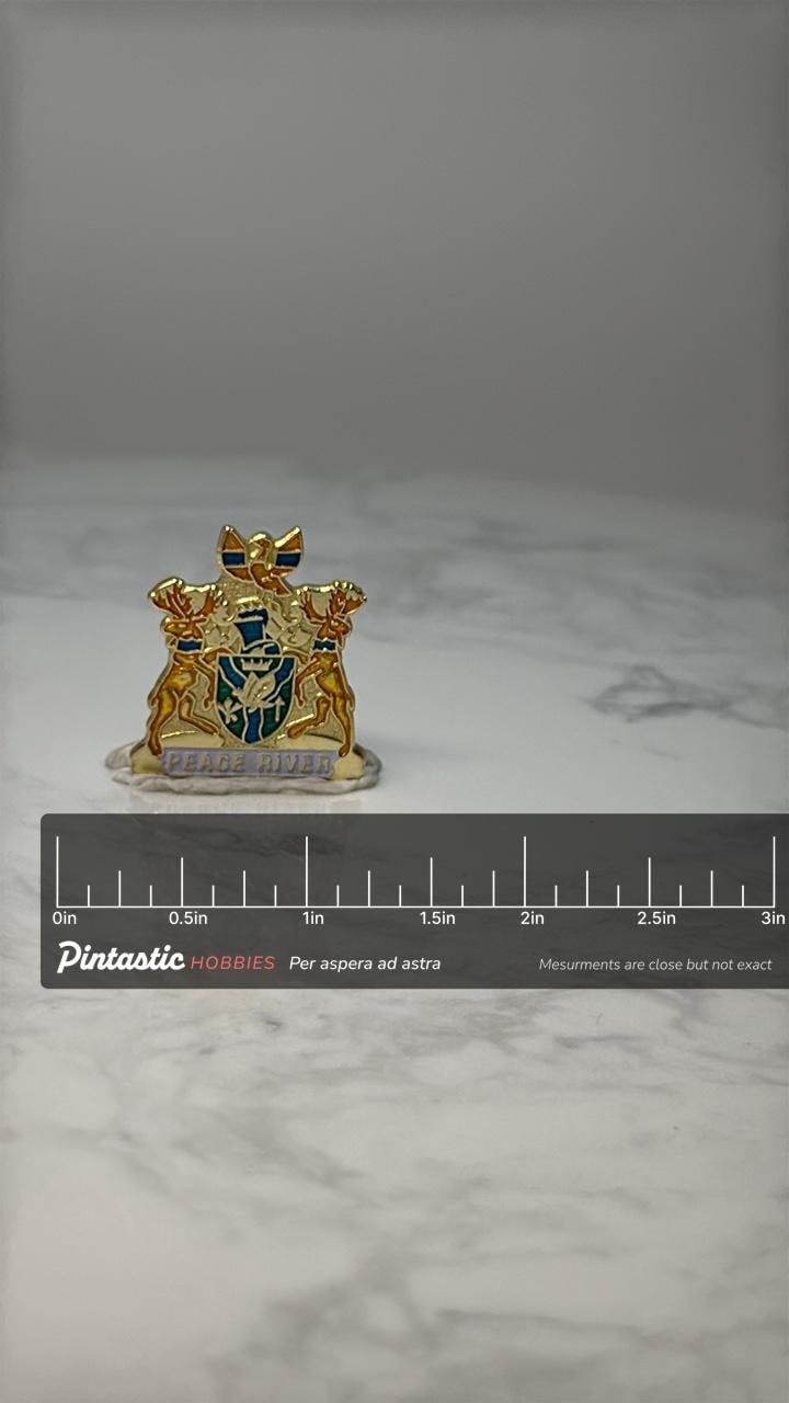 Vintage Peace River Alberta Crest Pin: Gold Enamel - Canada Souvenir with ruler overlay for size reference