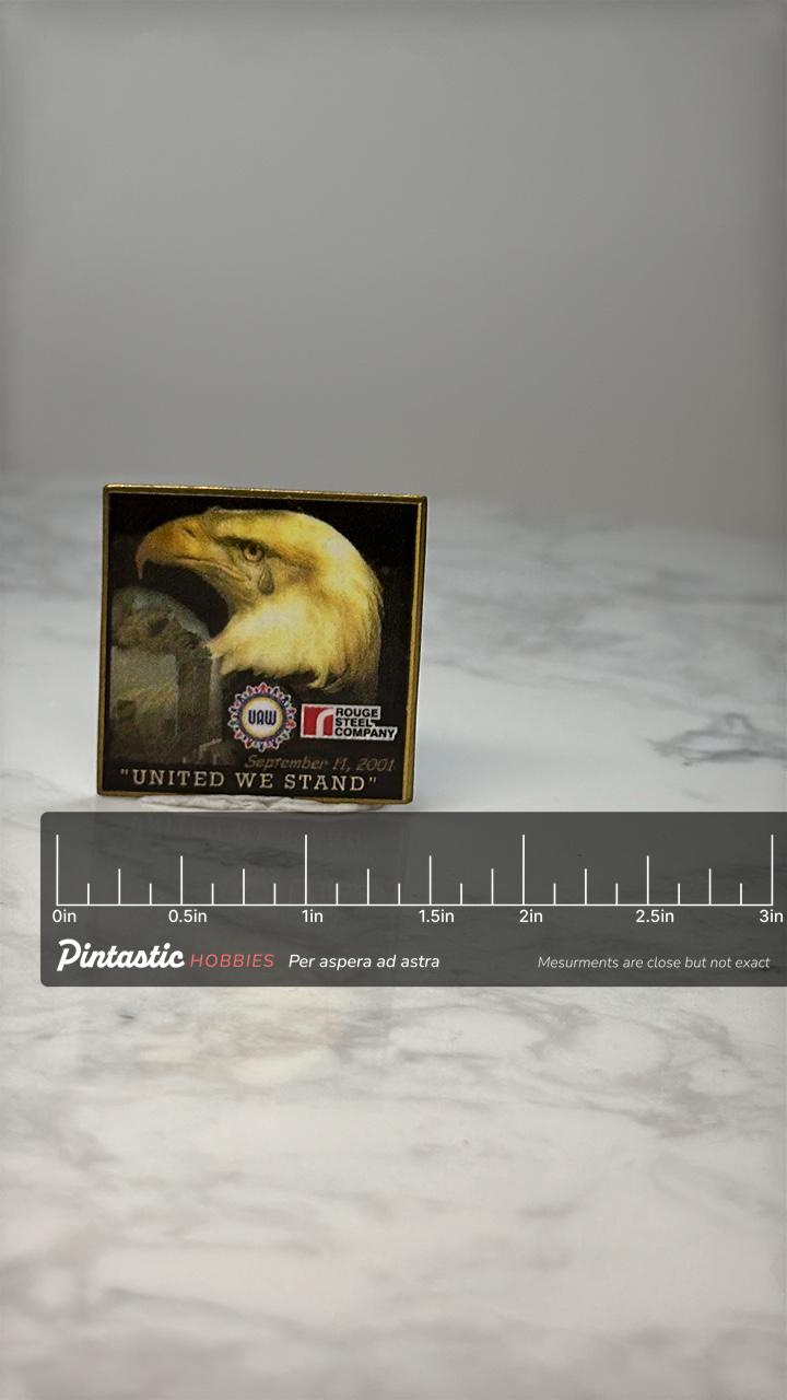 Vintage Bald Eagle Lapel Pin: Gold Tone Enamel - 9/11 Patriotic Accessory with ruler overlay for size reference