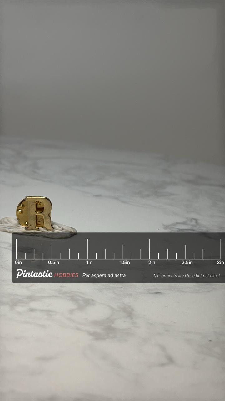 Vintage Letter R Initial Pin: Gold Tone Metal - Monogram Accessory with ruler overlay for size reference