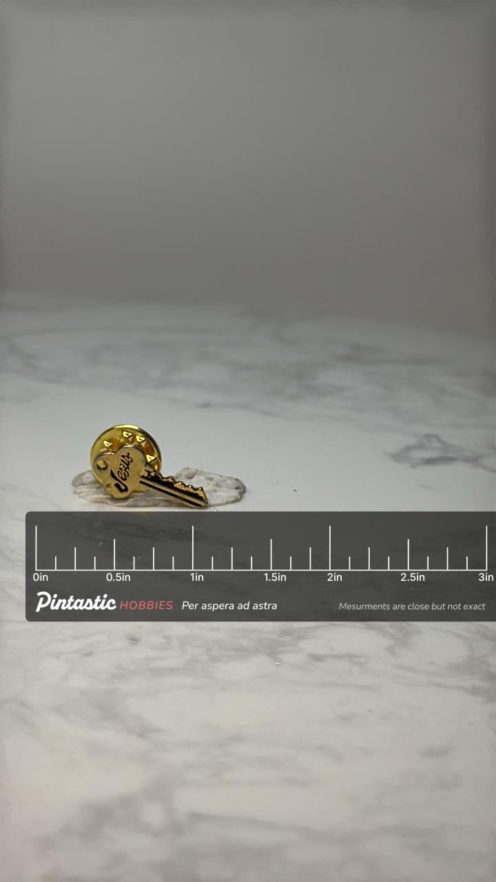 Vintage Jesus Key Lapel Pin: Gold Tone Enamel - Christian Faith Accessory with ruler overlay for size reference