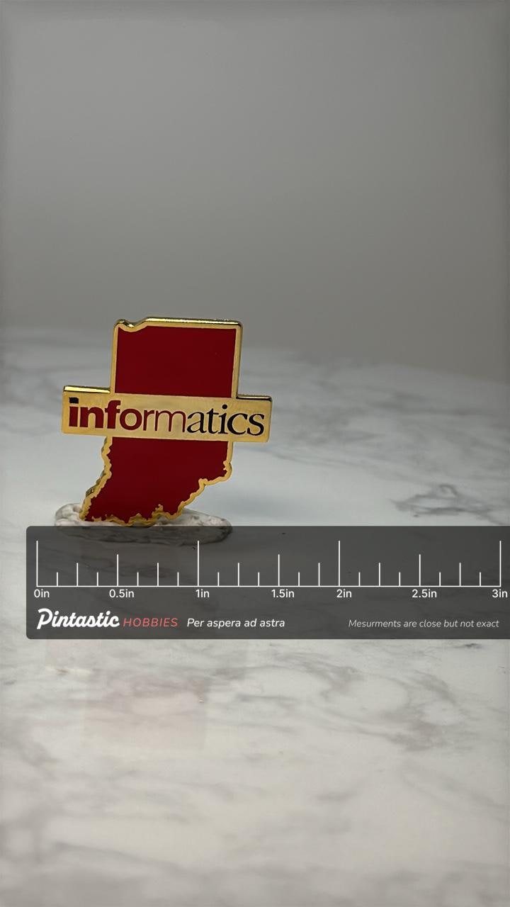 Vintage Indiana Informatics Enamel Pin: Red & Gold - College Accessory with ruler overlay for size reference
