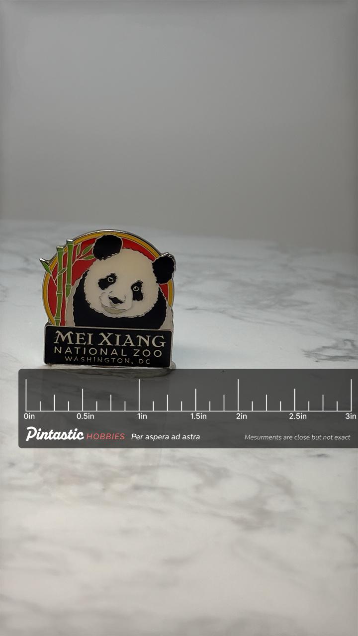 Vintage Mei Xiang Panda Enamel Pin: Black Gold Finish - Zoo Souvenir Accessory with ruler overlay for size reference