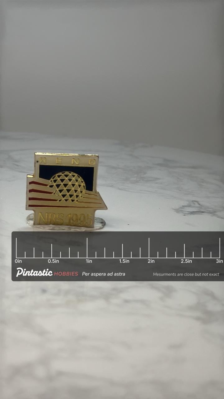 Vintage Reno NBS 1995 Pin: Gold Tone Enamel - 1990s Conference with ruler overlay for size reference