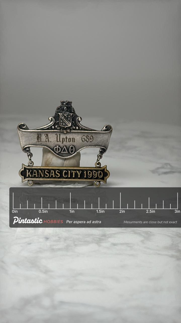Vintage Phi Delta Theta Convention Pin: Silver Tone - 1990 Accessory with ruler overlay for size reference