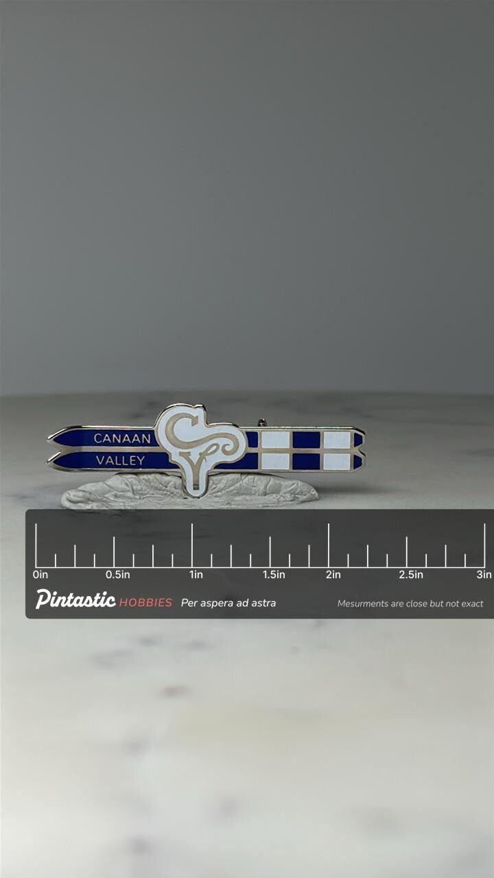 Vintage Canaan Valley Souvenir Pin: Blue & White Enamel - Travel Accessory with ruler overlay for size reference