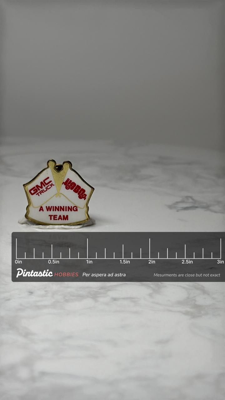 Vintage GMC Truck & Wabco Enamel Pin: Gold Tone - Team Promo Accessory with ruler overlay for size reference