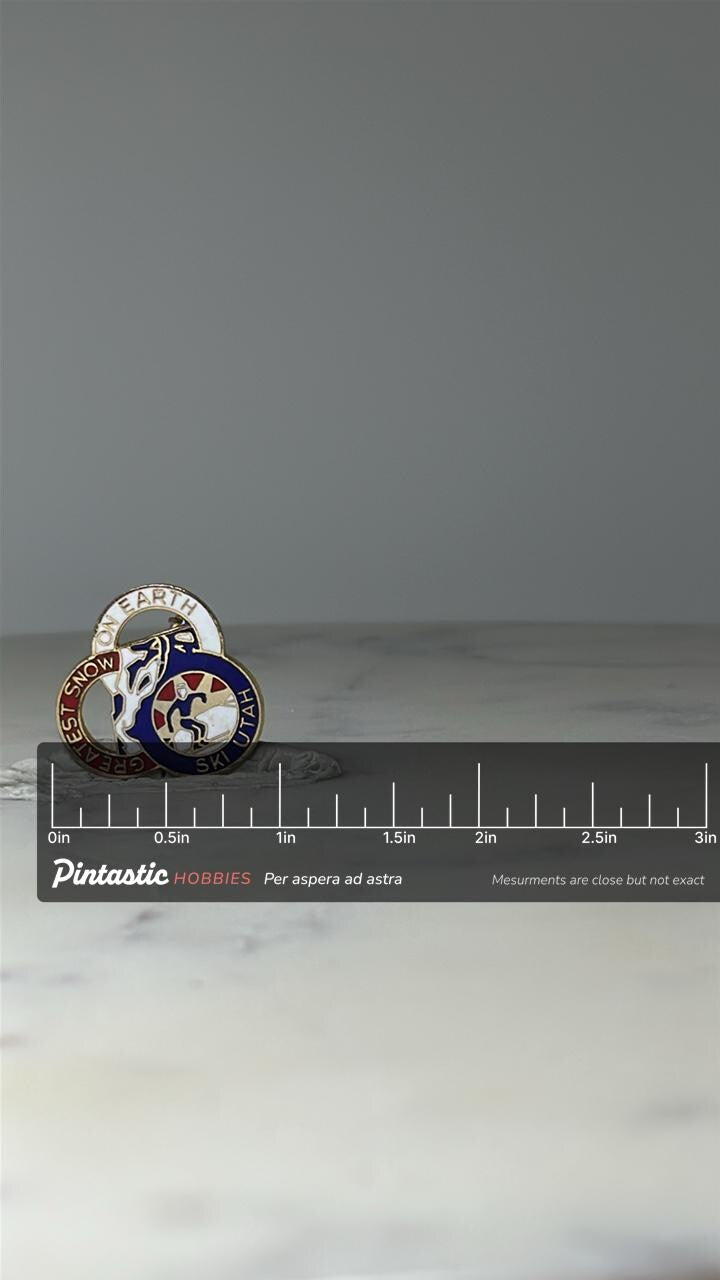 Vintage Ski Utah Enamel Pin: Red White Blue - Greatest Snow on Earth Accessory with ruler overlay for size reference
