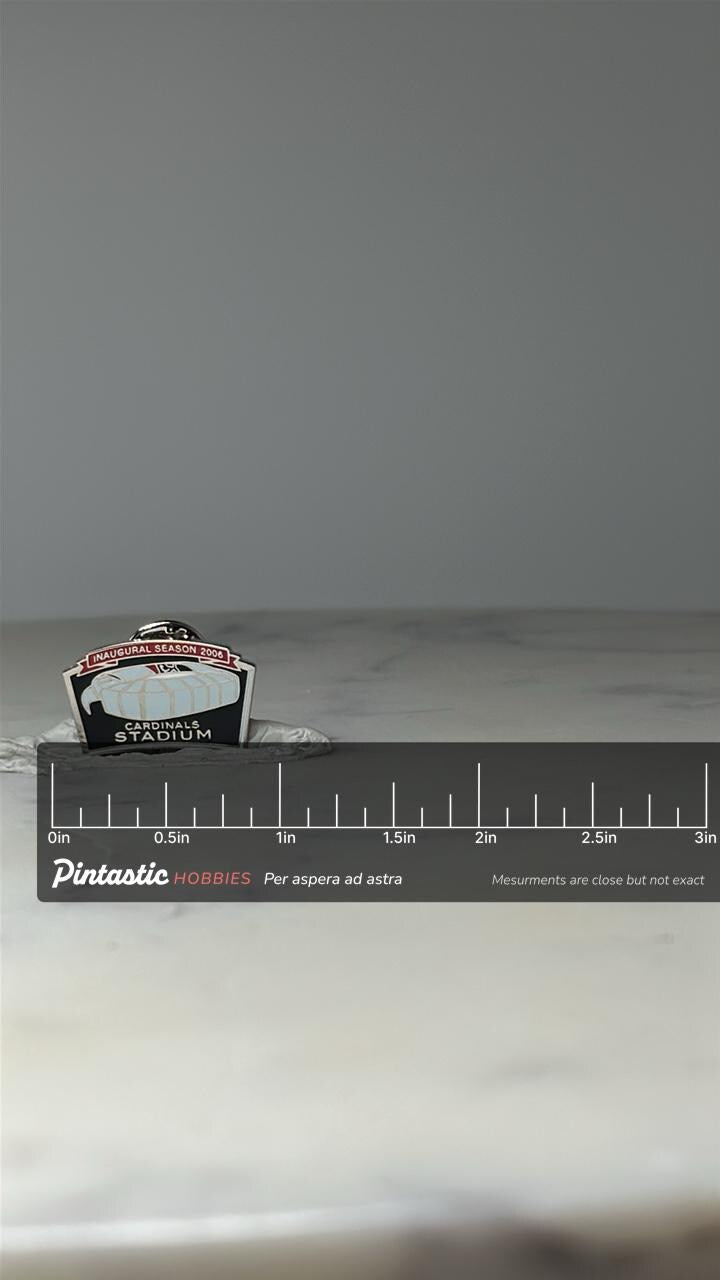 Vintage Cardinals Stadium Enamel Pin: Red White Black - 2006 Inaugural Season Accessory with ruler overlay for size reference