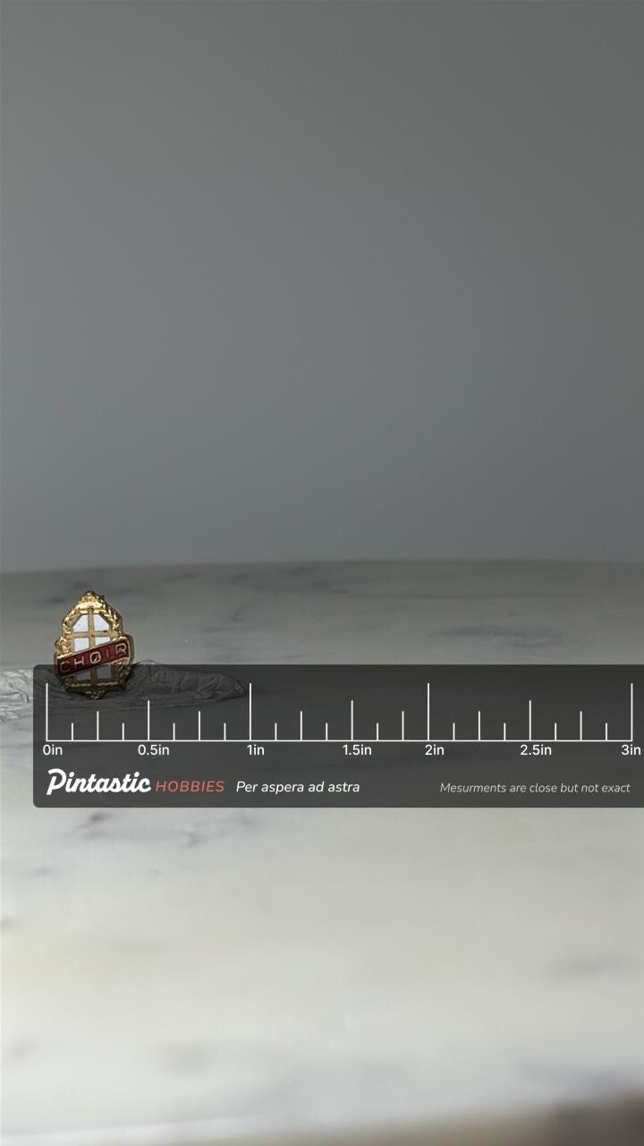 Vintage Choir Enamel Lapel Pin: Gold Tone & Red - Church Music with ruler overlay for size reference