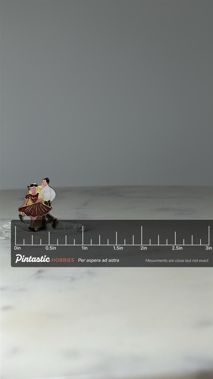 Vintage Ballroom Dance Couple Enamel Pin: Gold Tone - Retro Romantic Accessory with ruler overlay for size reference