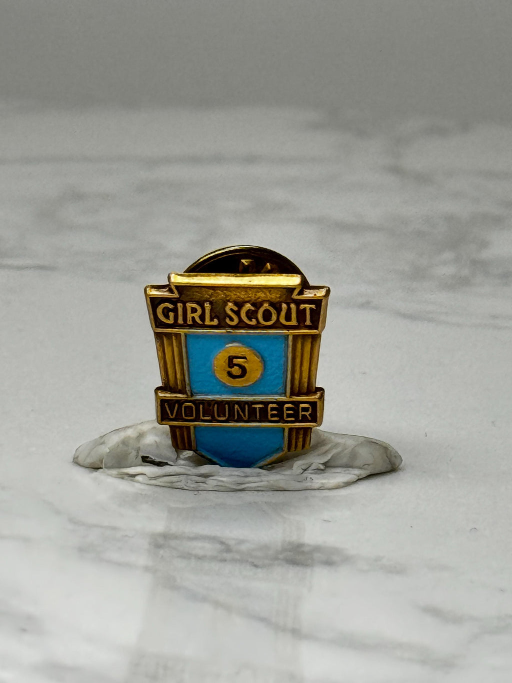 Vintage Girl Scout 5 Year Volunteer Pin: Gold & Blue Enamel - Service Award
