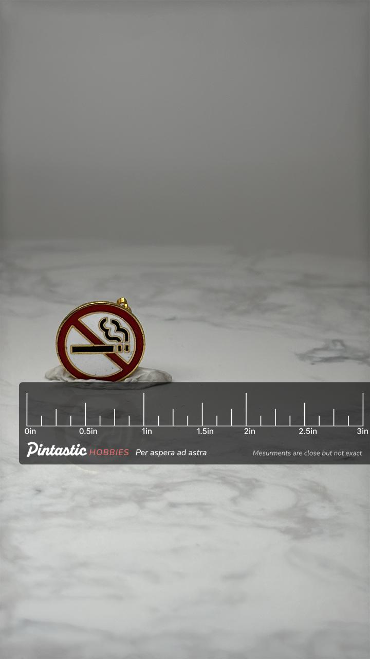 Vintage No Smoking Enamel Pin: Red White Gold - Safety Sign Accessory with ruler overlay for size reference