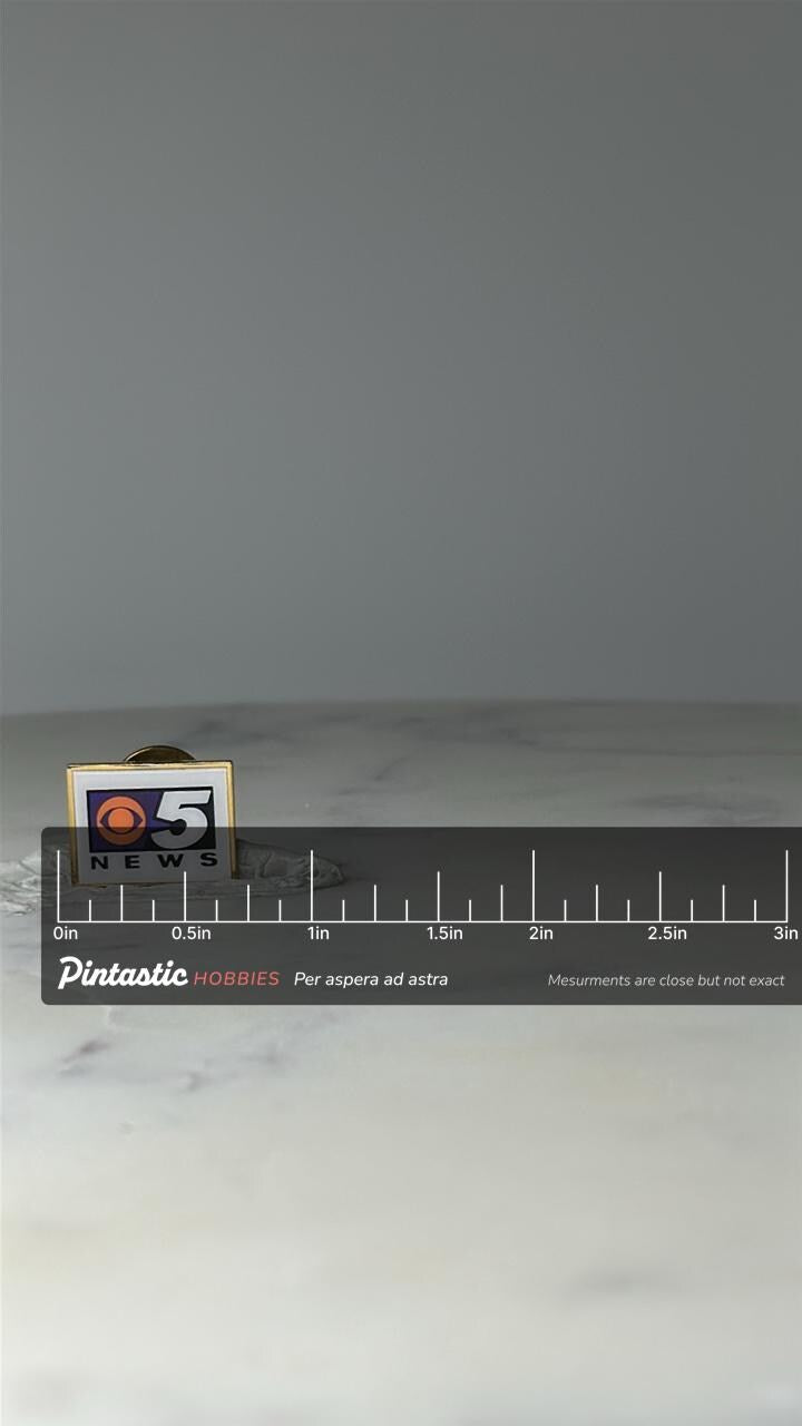 Vintage CBS 5 News Lapel Pin: Gold Tone Enamel - TV Media Accessory with ruler overlay for size reference