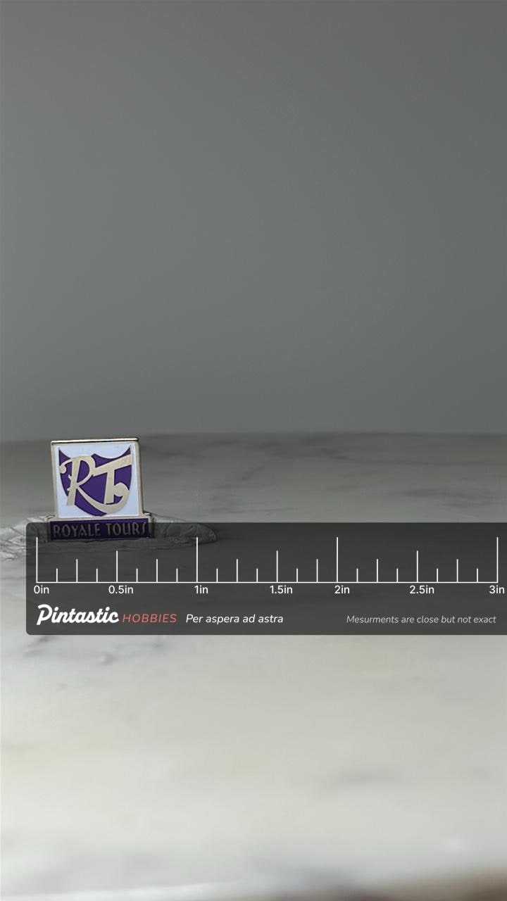 Vintage Royale Tour Logo Lapel Pin: Purple Enamel Shield - Travel Souvenir Accessory with ruler overlay for size reference