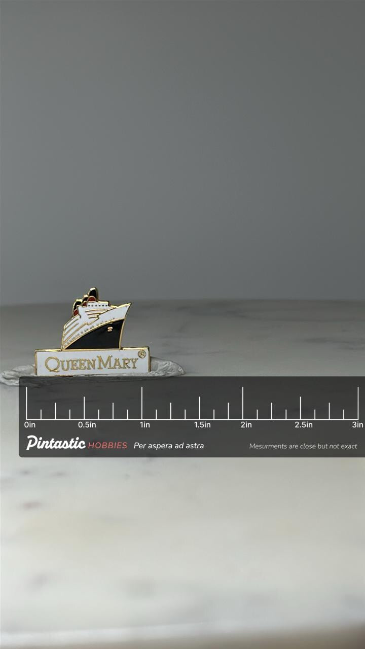 Vintage Queen Mary Cruise Ship Pin: Gold Tone Enamel - Ocean Liner Souvenir Accessory with ruler overlay for size reference