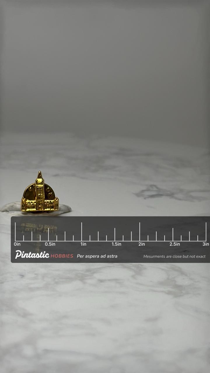 Vintage Church Cathedral Lapel Pin: Gold Tone - Religious Souvenir Accessory with ruler overlay for size reference