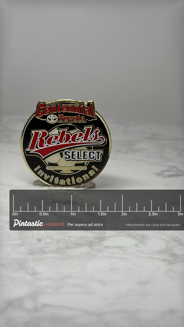 Vintage Centennial Toyota Rebels Select Pin: Red Black Enamel - Soccer Invitational Accessory with ruler overlay for size ref