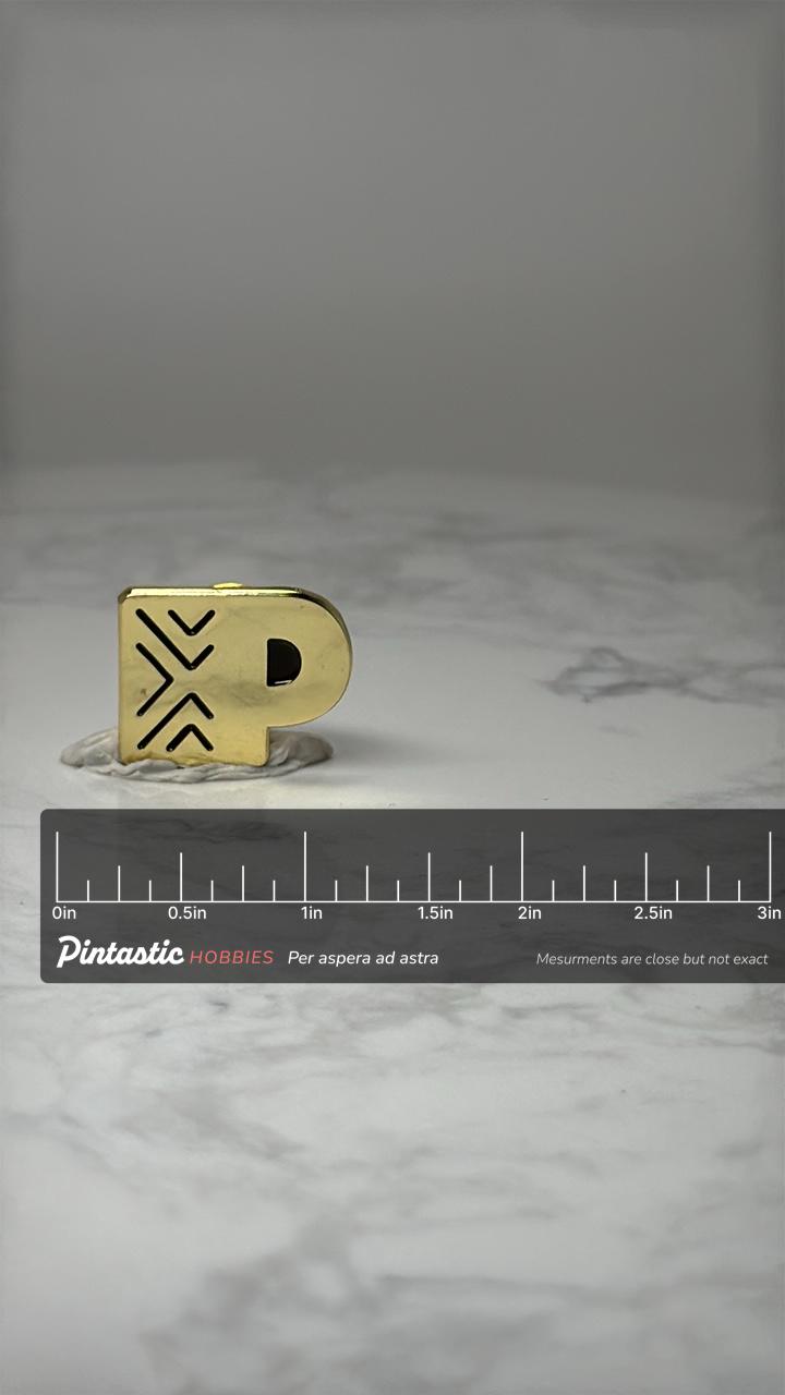 Letter P Initial Lapel Pin: Gold Tone Enamel - Alphabet Accessory with ruler overlay for size reference