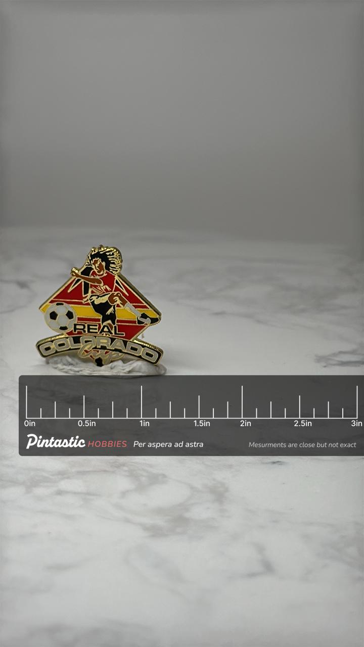 Vintage Real Colorado Soccer Enamel Pin: Gold Tone - 1990s Sports Accessory with ruler overlay for size reference