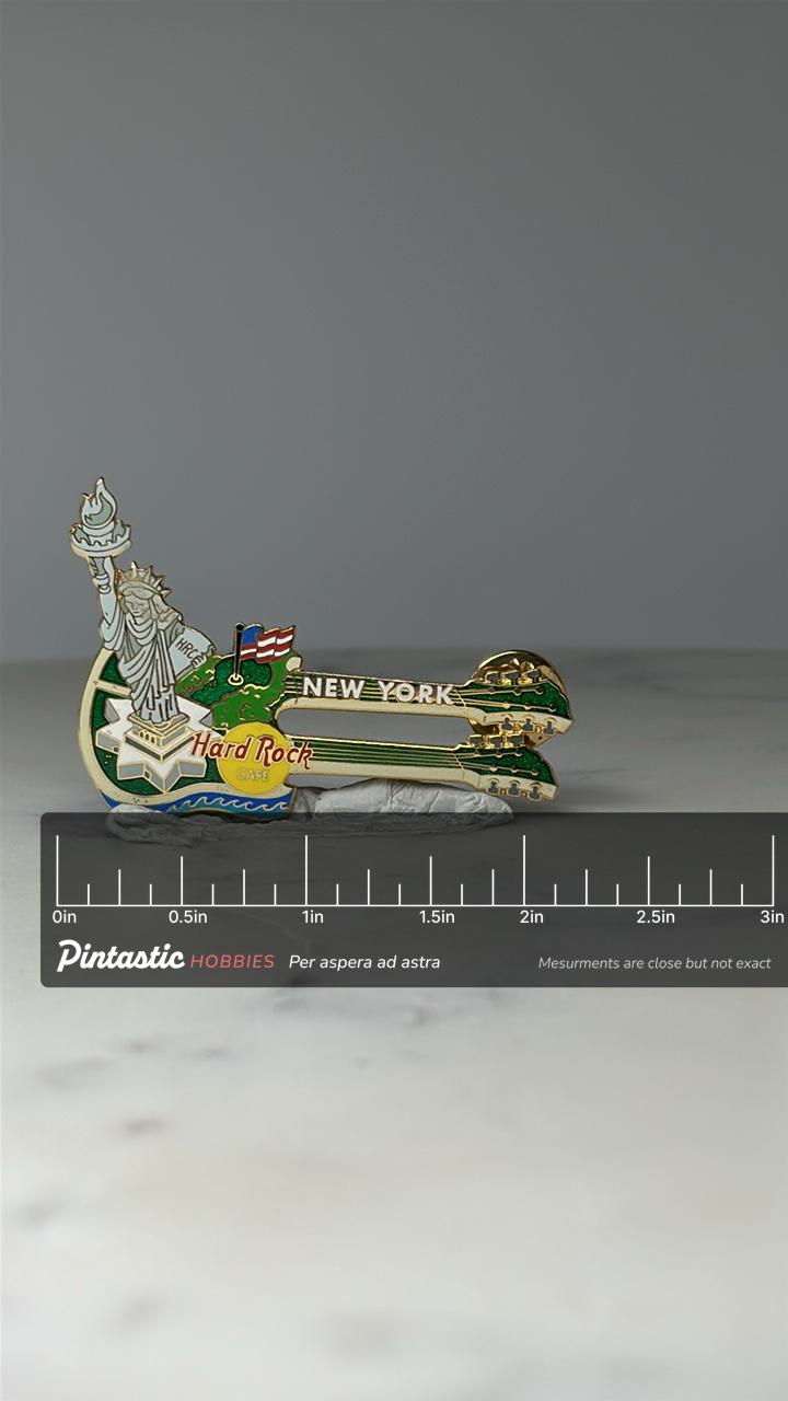 Vintage Hard Rock Cafe New York Guitar Pin: Gold Enamel - 1990s Souvenir with ruler overlay for size reference