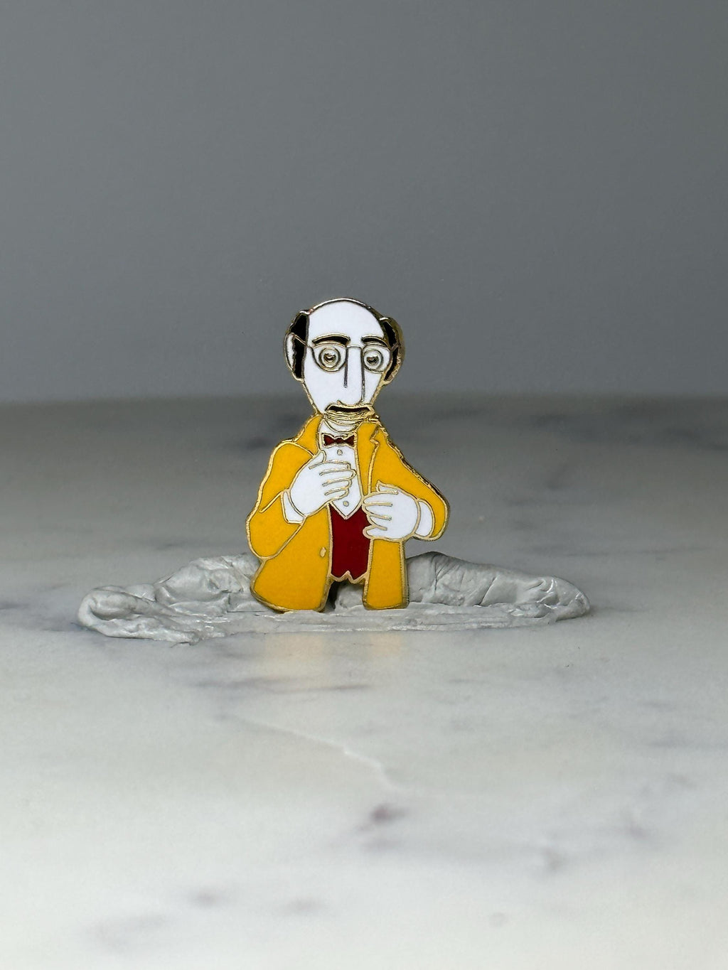 Vintage Cartoon Gentleman Enamel Lapel Pin: Yellow & Red - Character Accessory