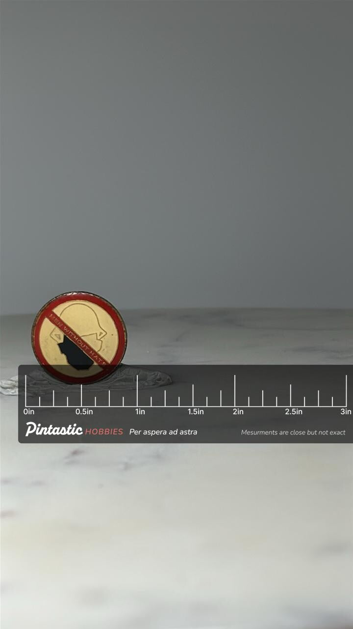 Vintage Men Without Hats Enamel Pin: Red & Gold - Labor Safety Theme Accessory with ruler overlay for size reference