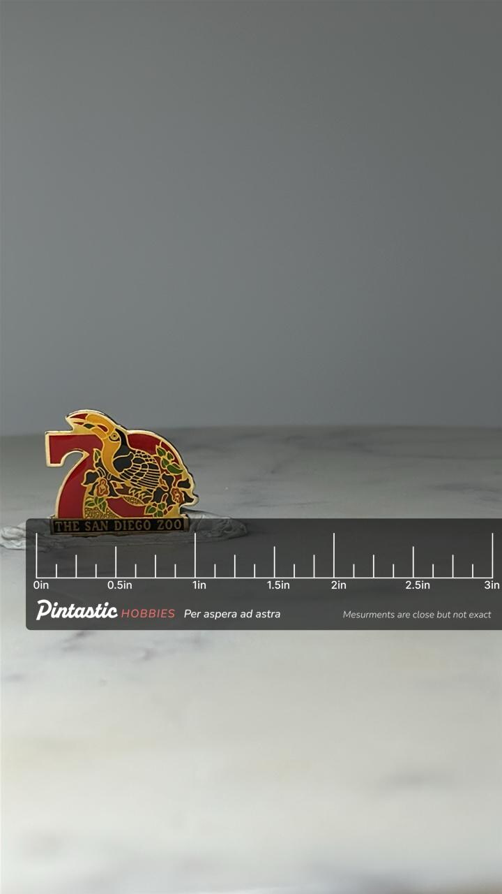 Vintage San Diego Zoo Souvenir Pin: Gold Tone Enamel - 1980s Travel Accessory with ruler overlay for size reference