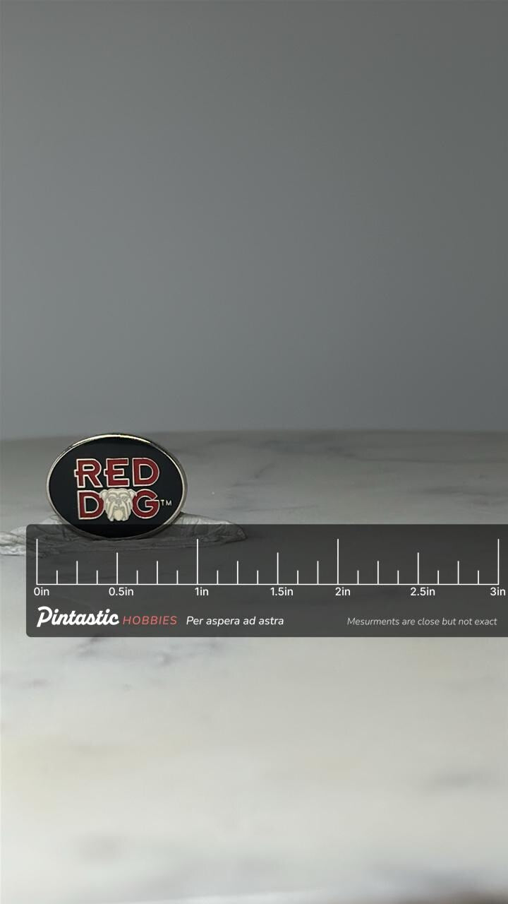 Vintage Red Dog Beer Enamel Pin: Black & Red Logo - 1990s Bar Accessory with ruler overlay for size reference
