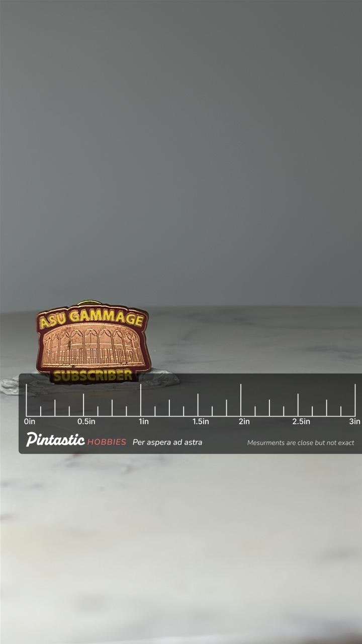 Vintage ASU Gammage Subscriber Enamel Pin: Maroon Gold - Theater Accessory with ruler overlay for size reference