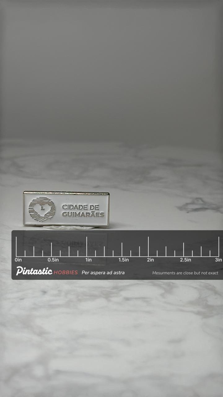 Vintage Cidade de Guimarães Pin: Silver Tone - Portugal Souvenir Accessory with ruler overlay for size reference
