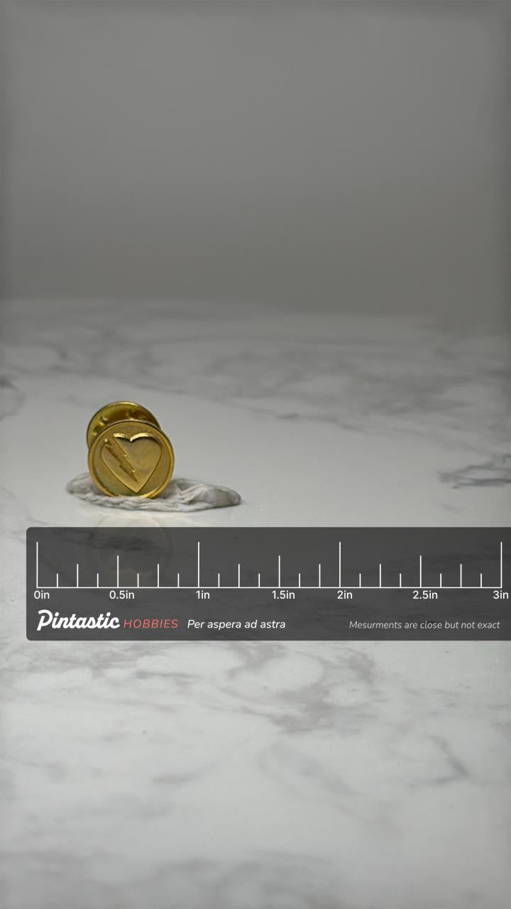 Vintage Heart Lightning Bolt Lapel Pin: Gold Tone - 1980s Love Theme Accessory with ruler overlay for size reference